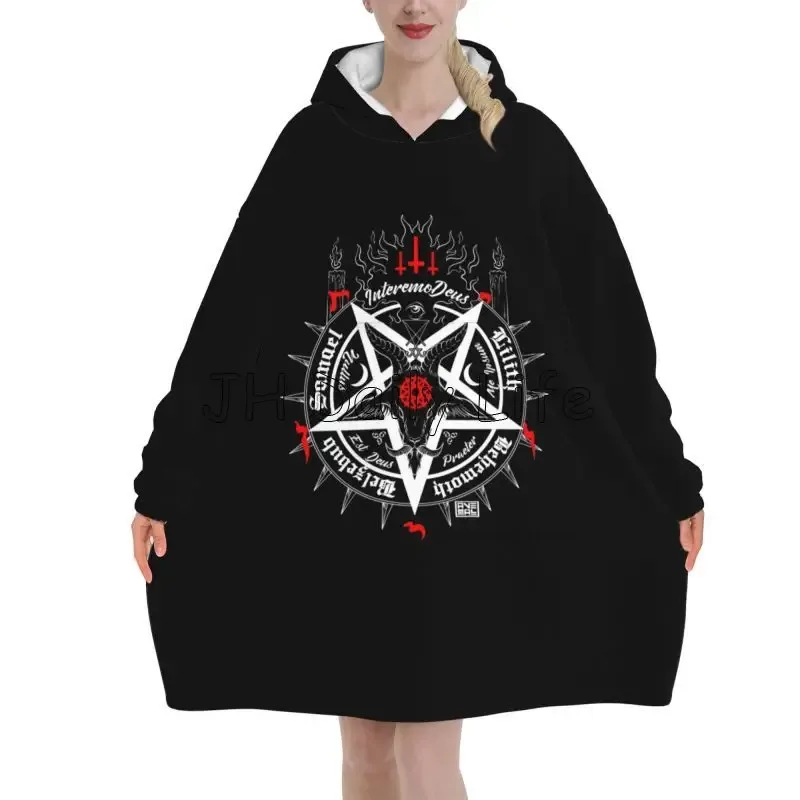 Sherpa Hoodie Fleece - Nero Satana Teschio Testa Morta Mistico