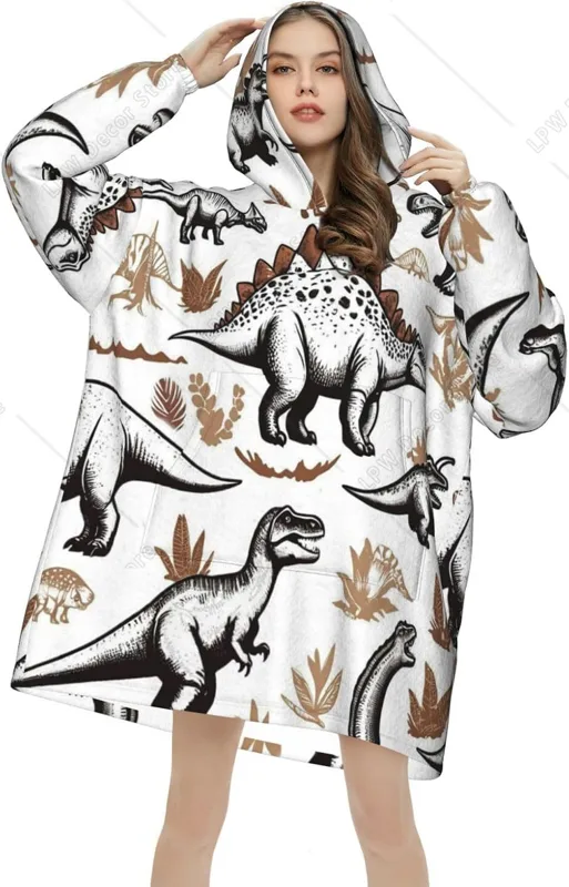 Sherpa Hoodie Fleece - Coperta con Cappuccio a Tema Dinosauri,