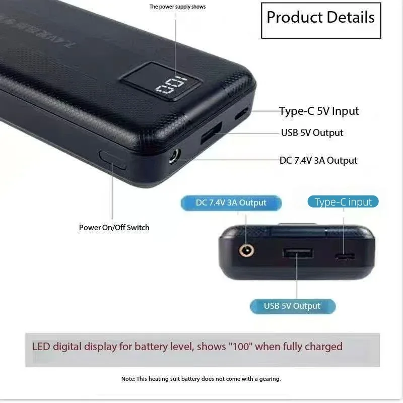 Heated Vest Battery - Nuova grande capacità 7.4V/3A/16000mAh/20000mAh Power Bank